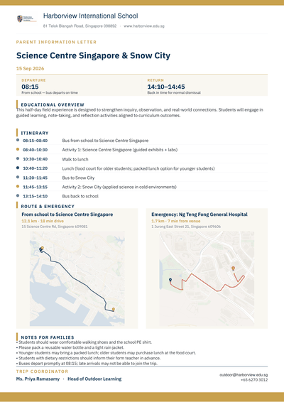 Field Trip Report for a one-day trip: timed itinerary, route map, and hospital map on one page